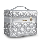 Quilted Silver Vanity Box with Mirror, Foldable Trays & Spacious Compartments for Women