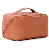 Premium Travel Makeup Pouch – PU Leather Toiletry & Cosmetic Organizer Bag with Handle – Brown