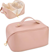 Premium Travel Makeup Pouch – PU Leather Toiletry & Cosmetic Organizer Bag with Handle Pink