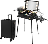 Aluminum Professional Rolling Cosmetic Makeup Trolley Train Case Mirror LED Light (Black)