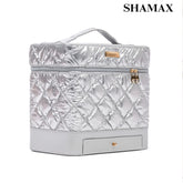 SHAMAX Quilted Makeup Train Case Expandable Tray Silver