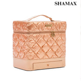 SHAMAX Quilted Makeup Train Case Expandable Tray golden