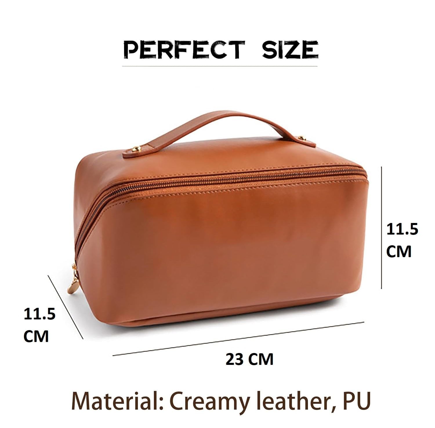 Premium Travel Makeup Pouch – PU Leather Toiletry & Cosmetic Organizer Bag with Handle – Brown