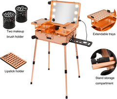 Aluminum Professional Rolling Cosmetic Makeup Trolley Suitcase Train Case Mirror LED Light