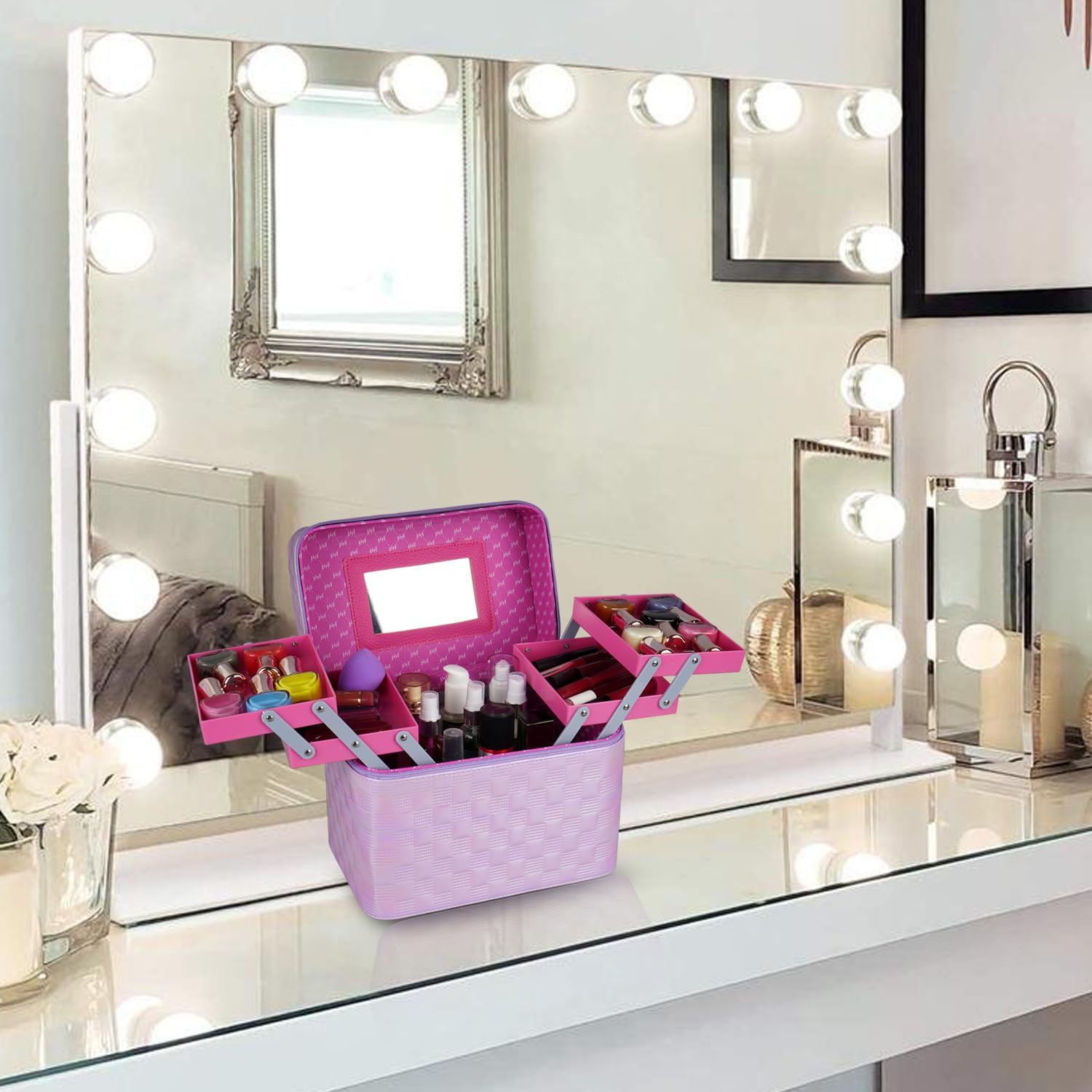 Makeup Vanity Box with Mirror Foldable Trays
