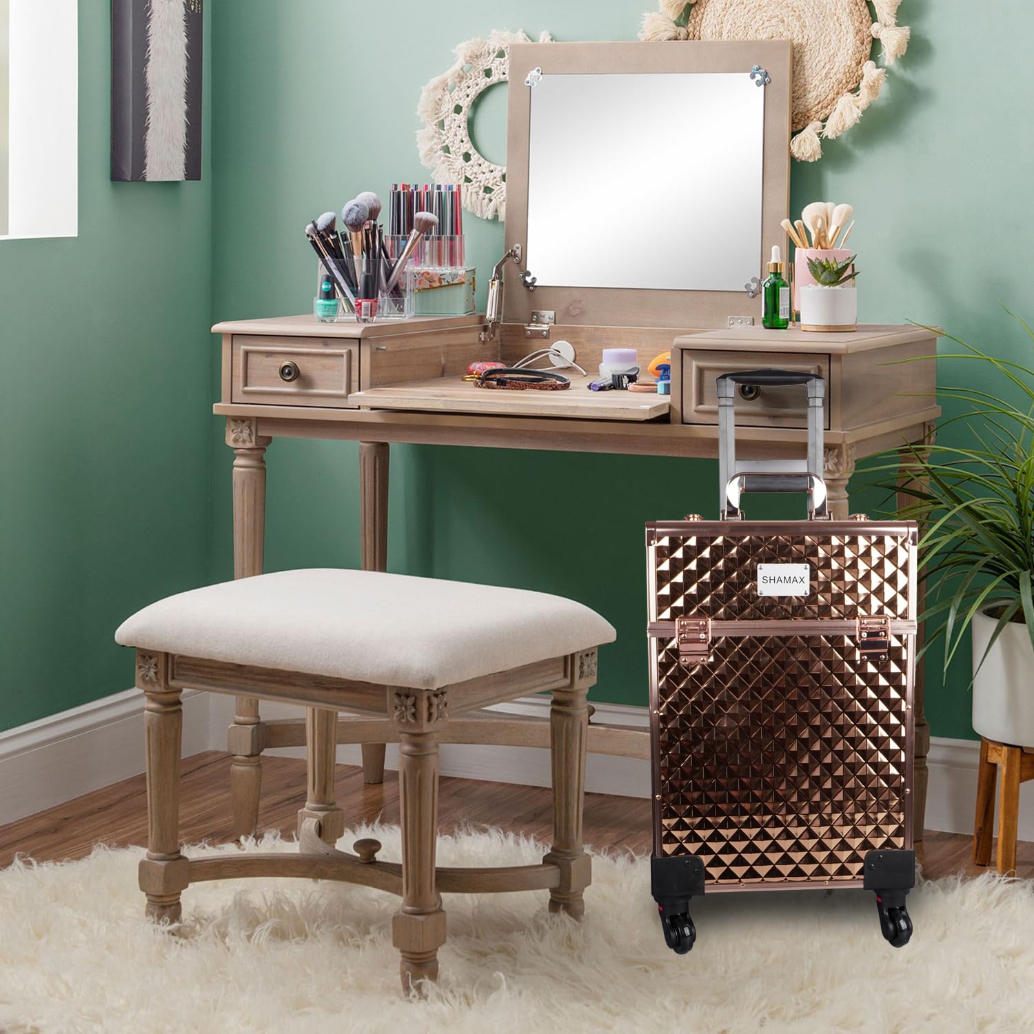 Professional Multi Function Artist Rolling Trolley Beauty Train Case (3599 Rosegold)