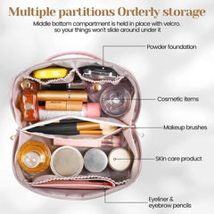 Premium Travel Makeup Pouch – PU Leather Toiletry & Cosmetic Organizer Bag with Handle – Brown