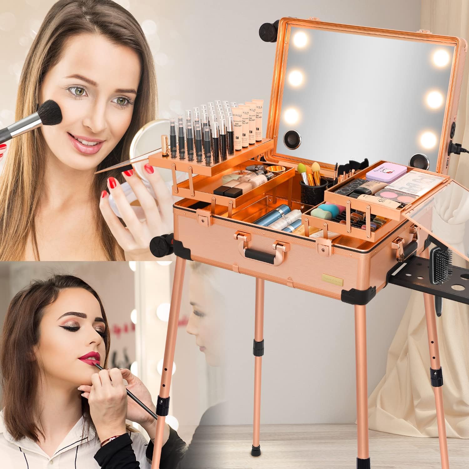 Aluminum Professional Rolling Cosmetic Makeup Trolley Suitcase Train Case Mirror LED Light