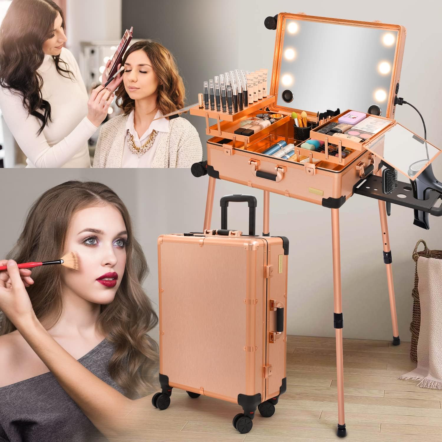 Aluminum Professional Rolling Cosmetic Makeup Trolley Suitcase Train Case Mirror LED Light