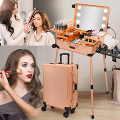 Aluminum Professional Rolling Cosmetic Makeup Trolley Suitcase Train Case Mirror LED Light