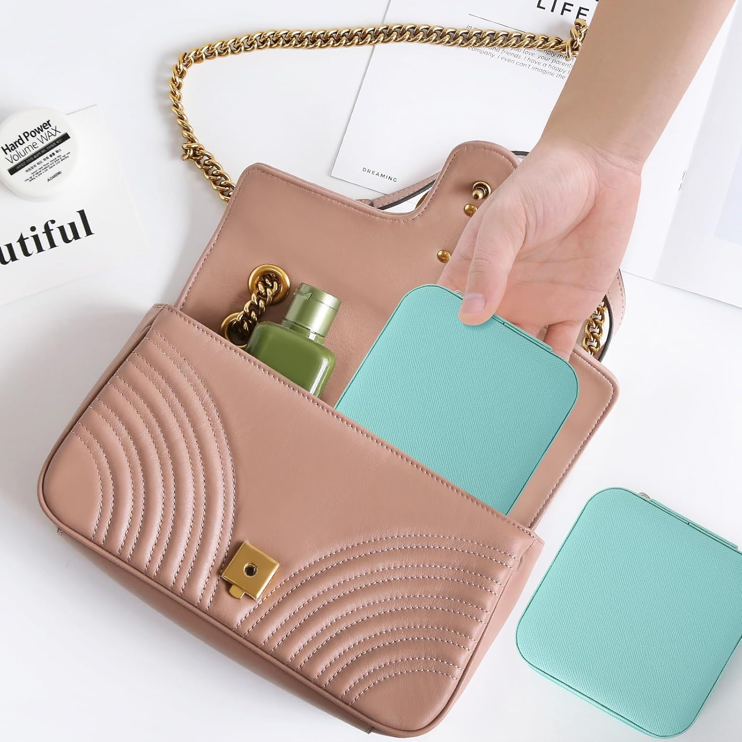 Portable Travel Jewellery Box for Women – Compact Organizer Case with Necklace Hooks, Ring Holder & Compartments – Mint Green