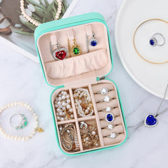 Portable Travel Jewellery Box for Women – Compact Organizer Case with Necklace Hooks, Ring Holder & Compartments – Mint Green