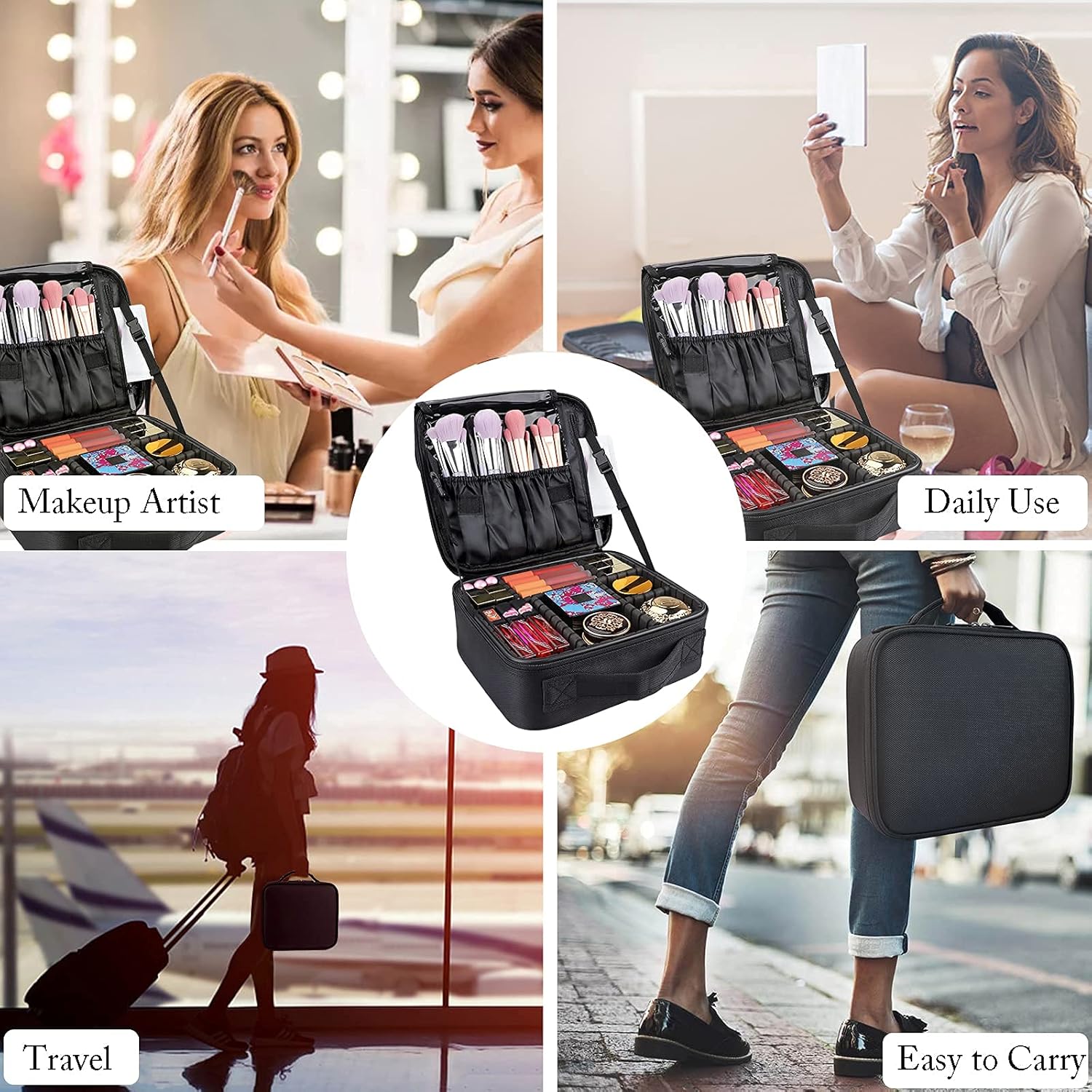 Professional Vanity Bag with Adjustable Compartment Makeup Organizer Bag (Black)