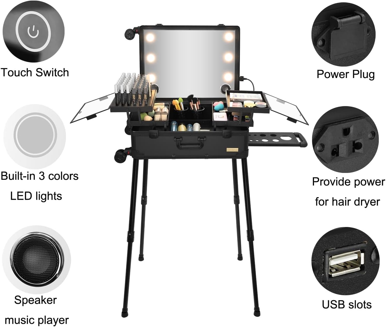 Aluminum Professional Rolling Cosmetic Makeup Trolley Train Case Mirror LED Light (Black)