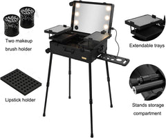 Aluminum Professional Rolling Cosmetic Makeup Trolley Train Case Mirror LED Light (Black)