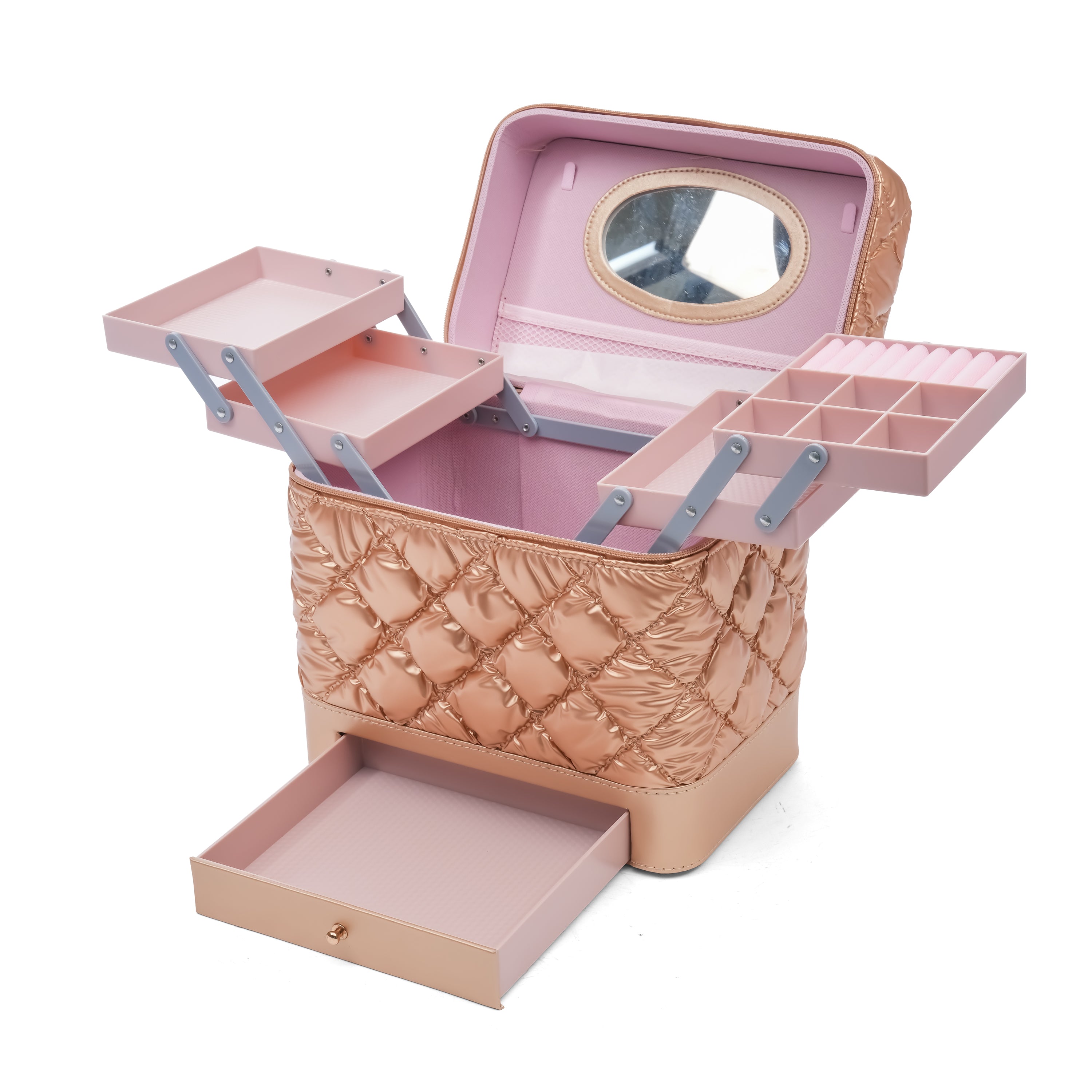 SHAMAX Quilted Makeup Train Case Expandable Tray golden