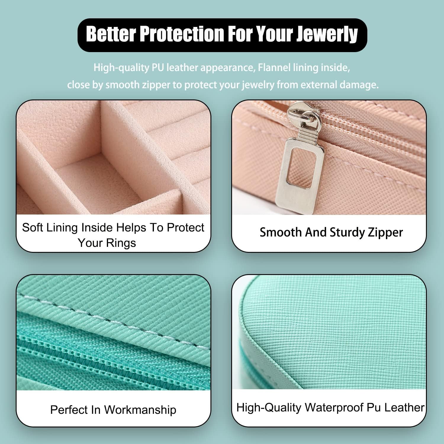 Portable Travel Jewellery Box for Women – Compact Organizer Case with Necklace Hooks, Ring Holder & Compartments – Mint Green