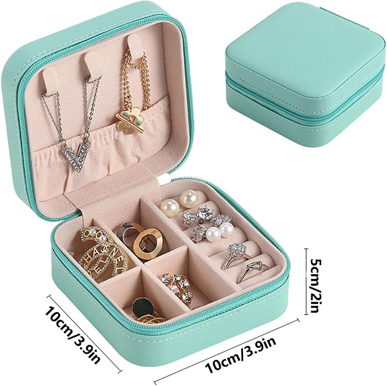 Portable Travel Jewellery Box for Women – Compact Organizer Case with Necklace Hooks, Ring Holder & Compartments – Mint Green