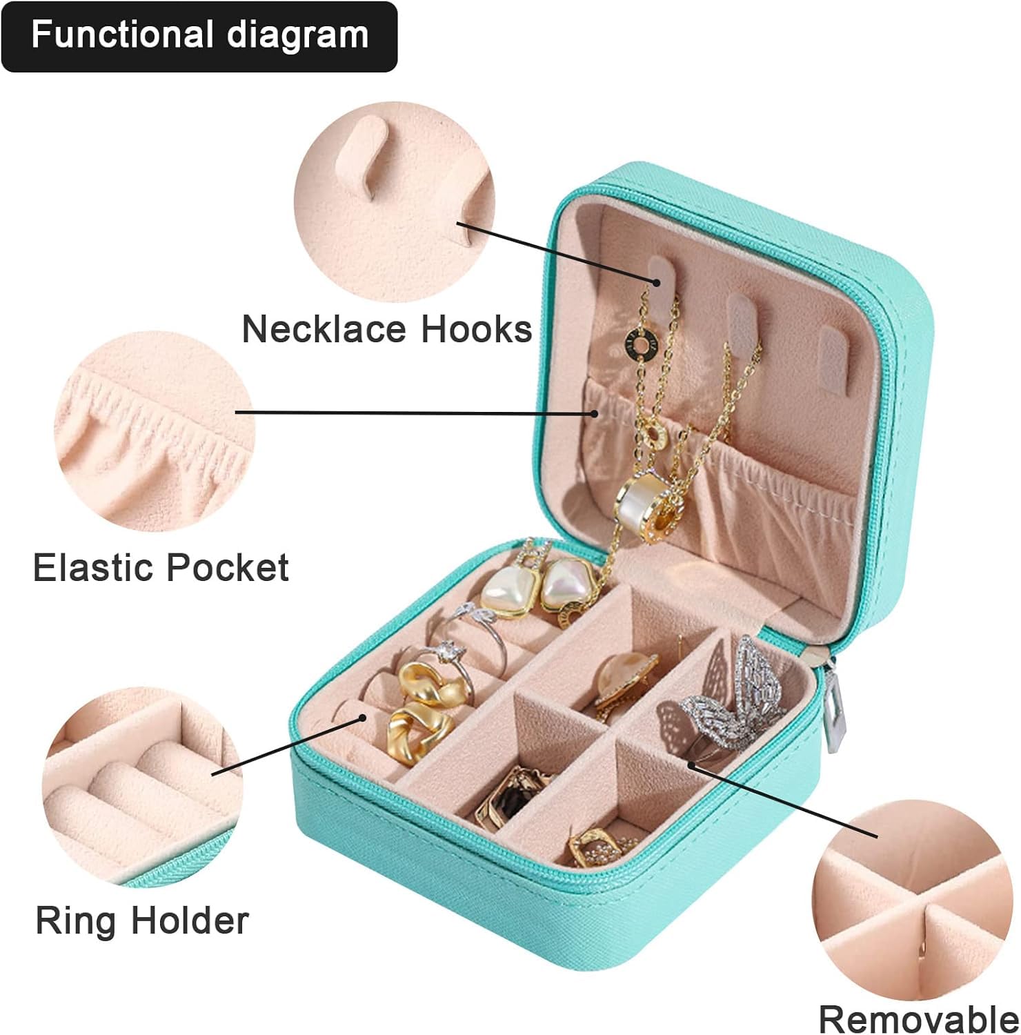 Portable Travel Jewellery Box for Women – Compact Organizer Case with Necklace Hooks, Ring Holder & Compartments – Mint Green