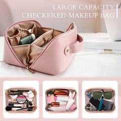 Premium Travel Makeup Pouch – PU Leather Toiletry & Cosmetic Organizer Bag with Handle Pink