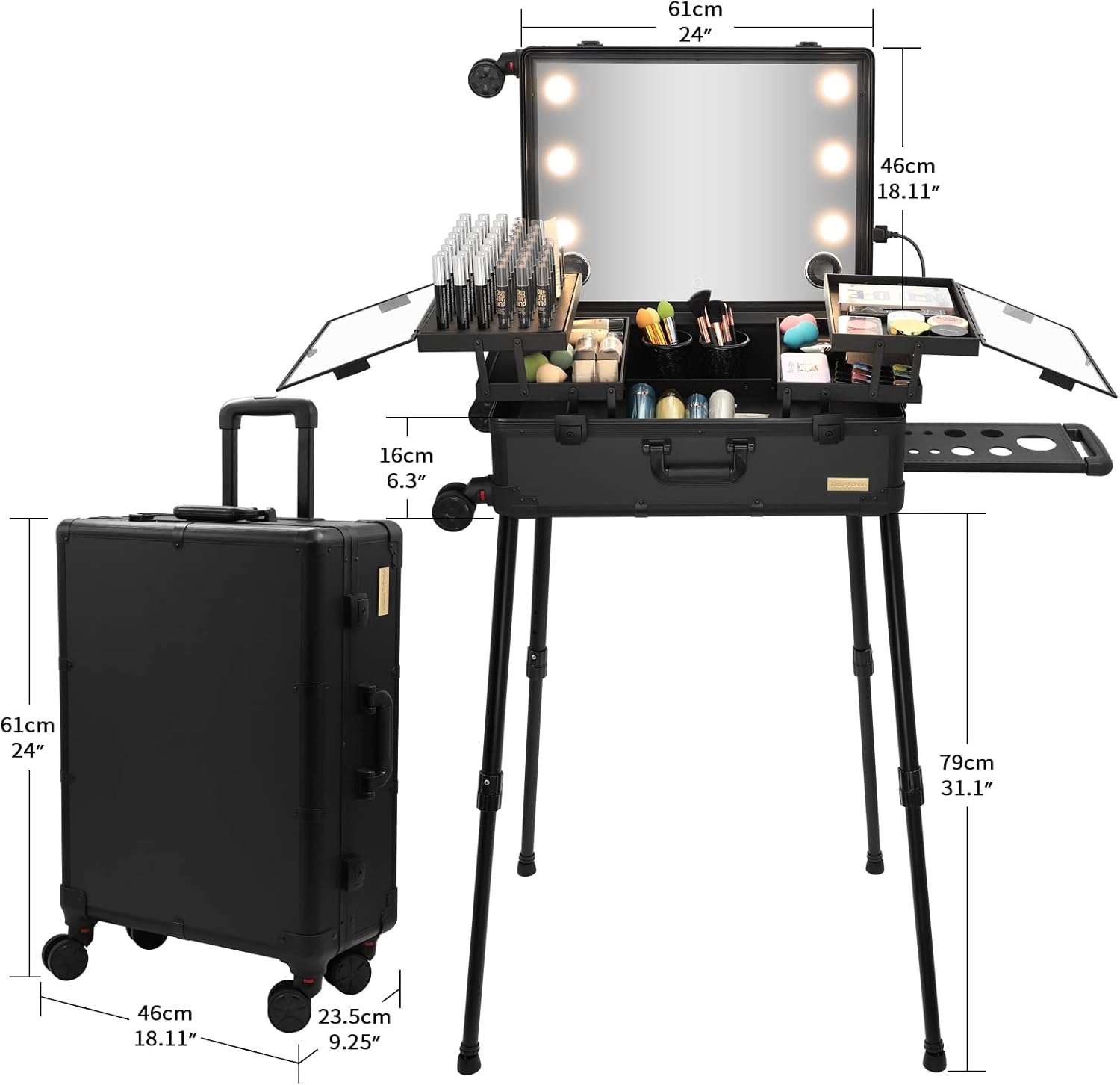 Aluminum Professional Rolling Cosmetic Makeup Trolley Train Case Mirror LED Light (Black)