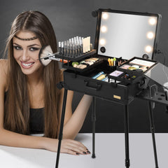 Aluminum Professional Rolling Cosmetic Makeup Trolley Train Case Mirror LED Light (Black)