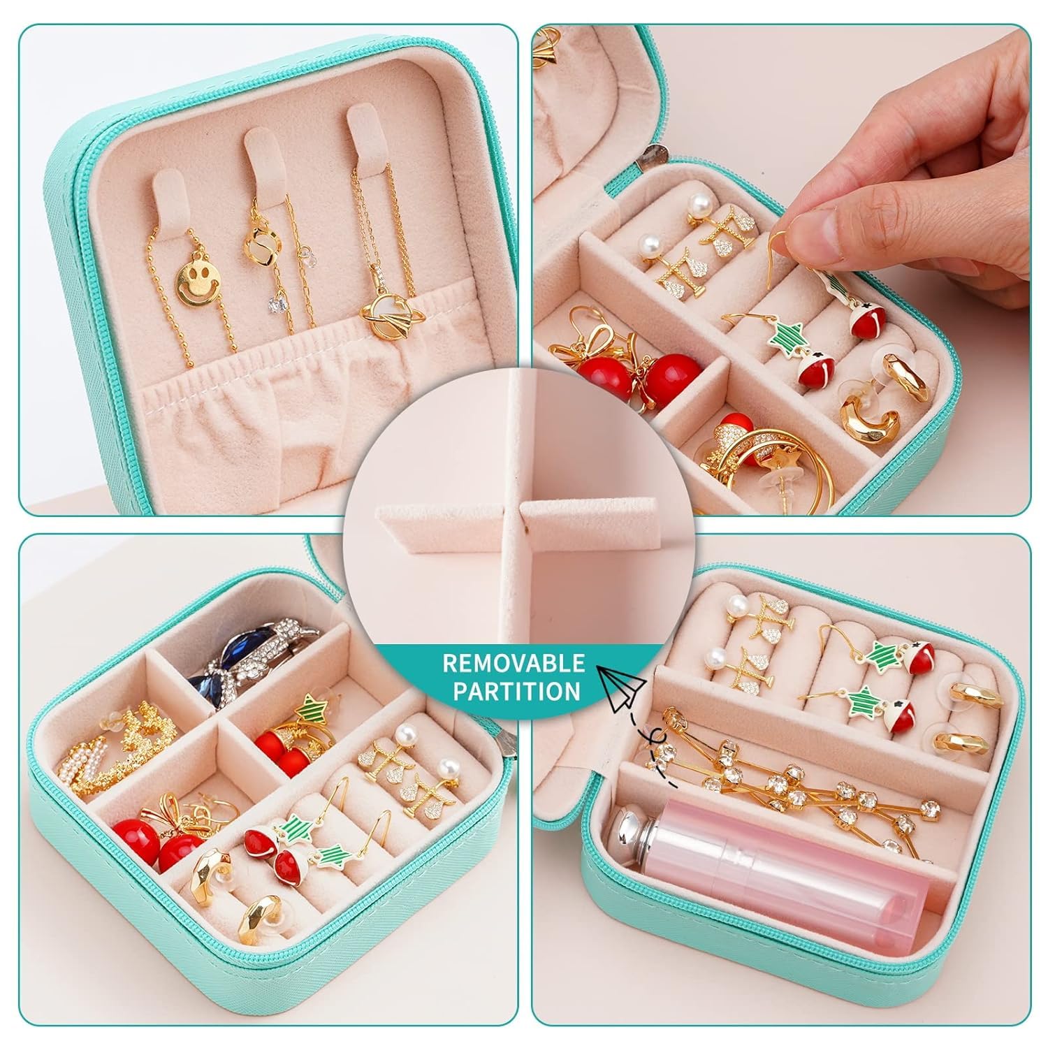 Portable Travel Jewellery Box for Women – Compact Organizer Case with Necklace Hooks, Ring Holder & Compartments – Mint Green