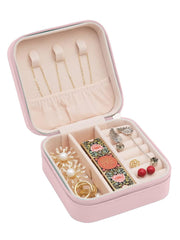 Jewellery Box for Women – Compact Organizer Case with Necklace Hooks, Ring Holder & Compartments- Pink