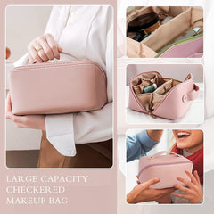 Premium Travel Makeup Pouch – PU Leather Toiletry & Cosmetic Organizer Bag with Handle Pink