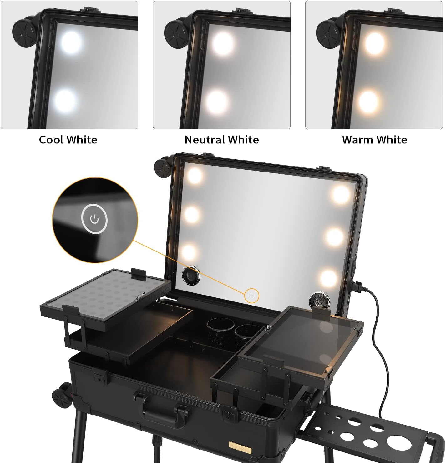 Aluminum Professional Rolling Cosmetic Makeup Trolley Train Case Mirror LED Light (Black)