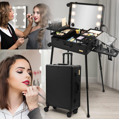Aluminum Professional Rolling Cosmetic Makeup Trolley Train Case Mirror LED Light (Black)