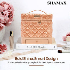 SHAMAX Quilted Makeup Train Case Expandable Tray golden