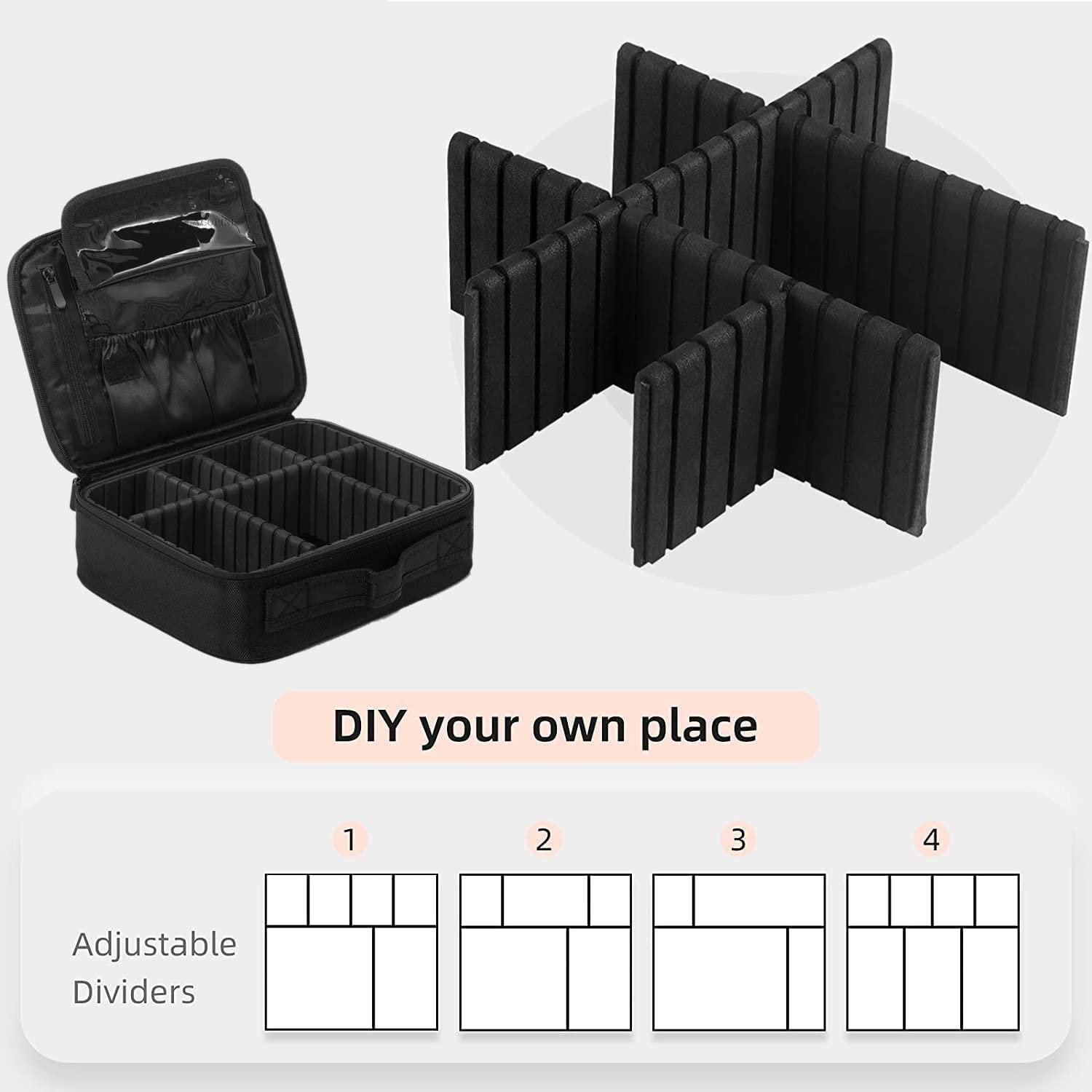 Professional Vanity Bag with Adjustable Compartment Makeup Organizer Bag (Black)