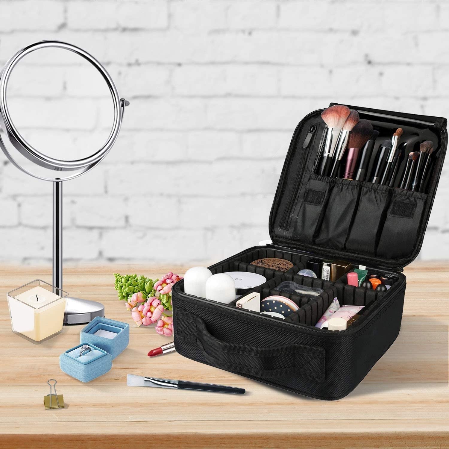 Professional Vanity Bag with Adjustable Compartment Makeup Organizer Bag (Black)