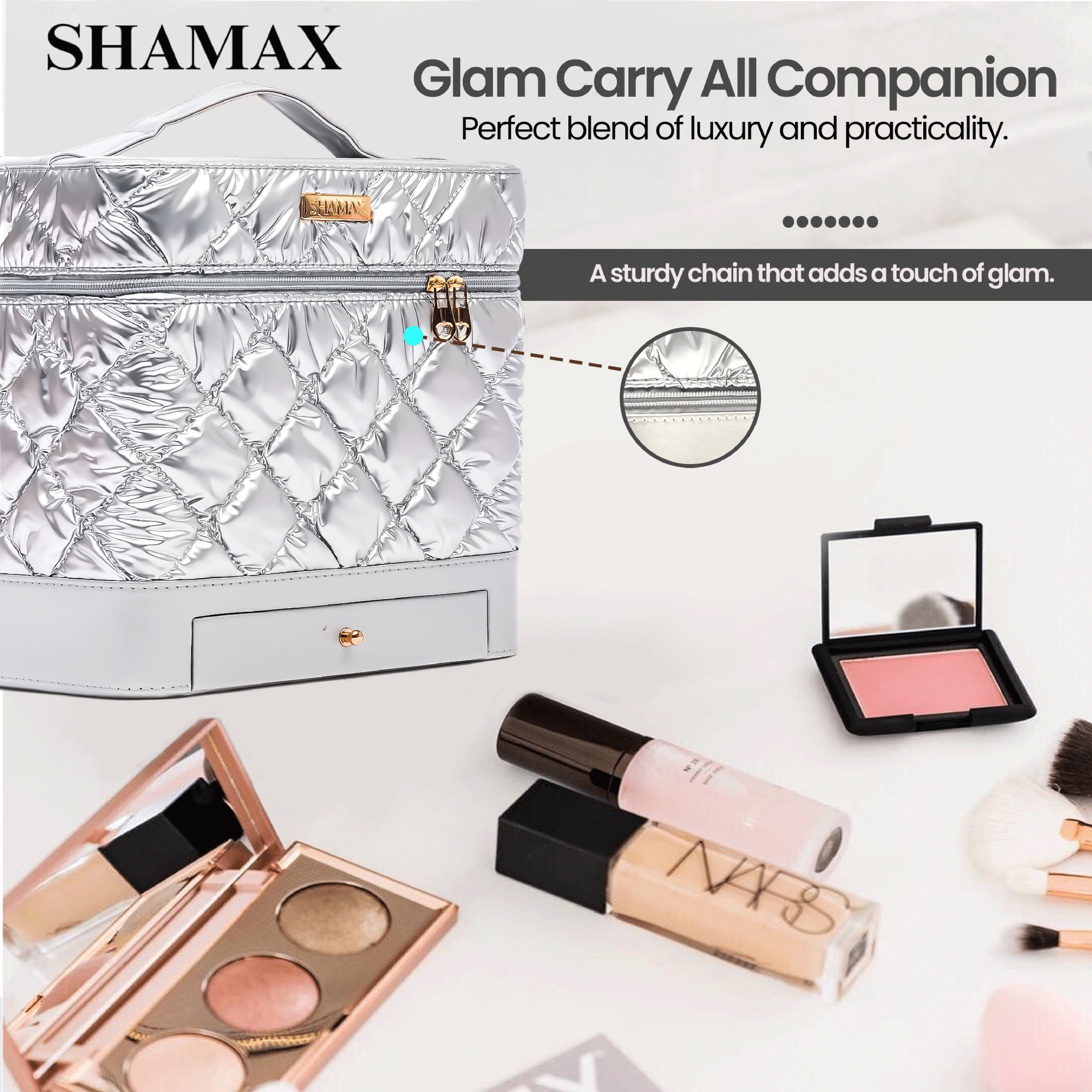 SHAMAX Quilted Makeup Train Case Expandable Tray Silver