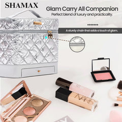 SHAMAX Quilted Makeup Train Case Expandable Tray Silver