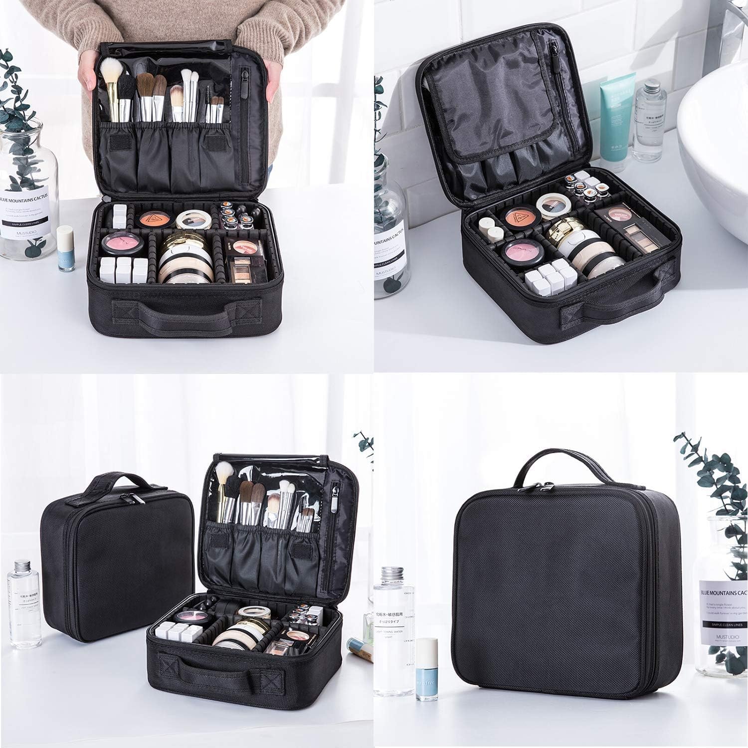 Professional Vanity Bag with Adjustable Compartment Makeup Organizer Bag (Black)