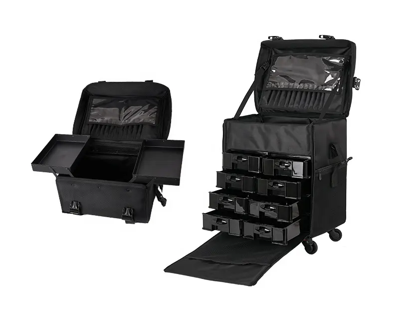 Professional Rolling Makeup Case Trolley - Detachable 2 Bags - 8 Removable Drawers