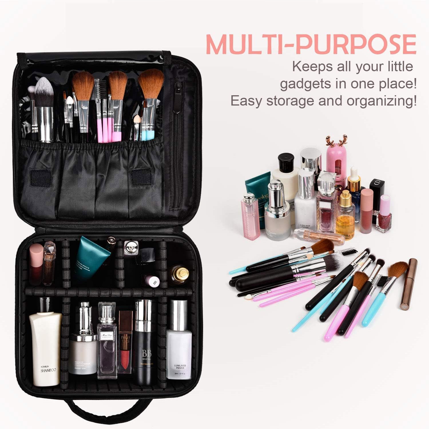 Professional Vanity Bag with Adjustable Compartment Makeup Organizer Bag (Black)