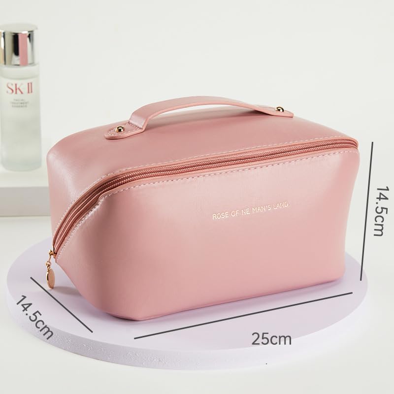 Premium Travel Makeup Pouch – PU Leather Toiletry & Cosmetic Organizer Bag with Handle Pink