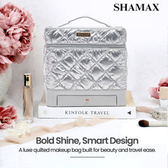 SHAMAX Quilted Makeup Train Case Expandable Tray Silver