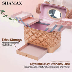 SHAMAX Quilted Makeup Train Case Expandable Tray golden