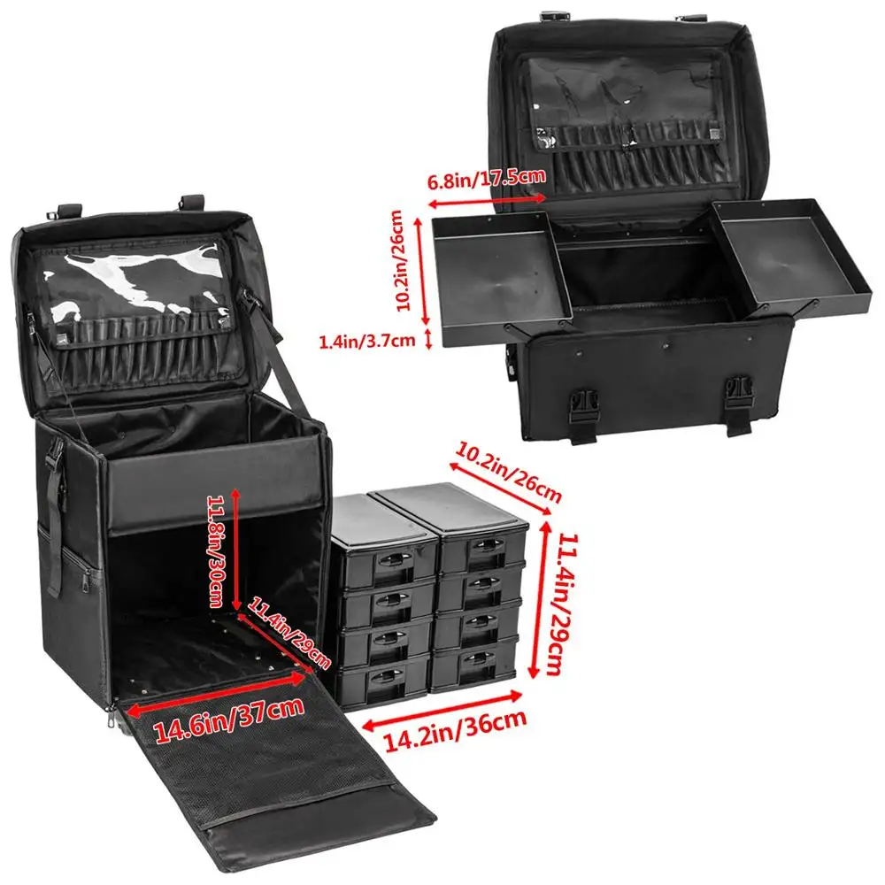 Professional Rolling Makeup Case Trolley - Detachable 2 Bags - 8 Removable Drawers