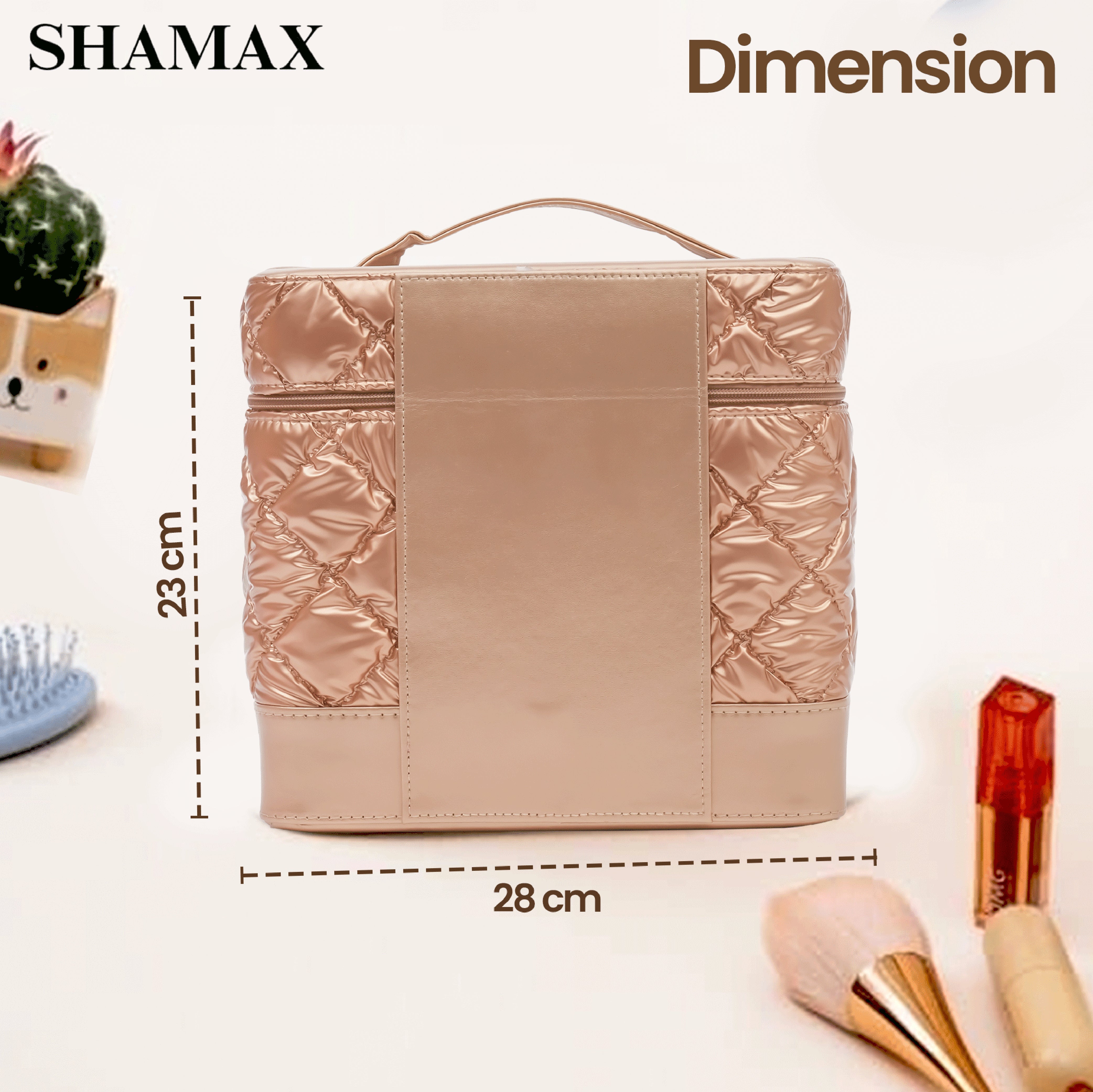 SHAMAX Quilted Makeup Train Case Expandable Tray golden