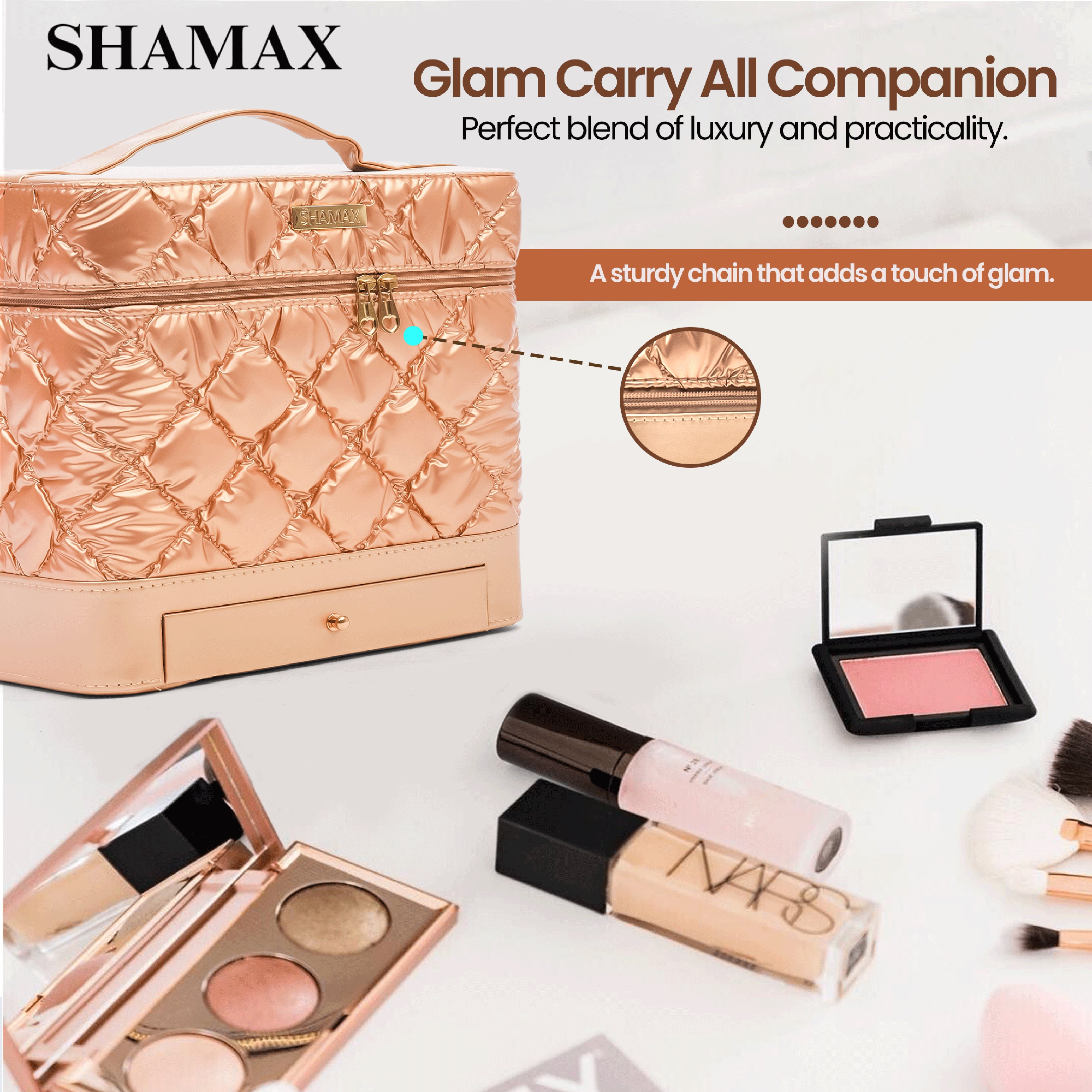 SHAMAX Quilted Makeup Train Case Expandable Tray golden