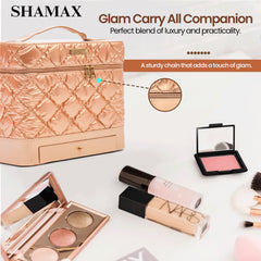 SHAMAX Quilted Makeup Train Case Expandable Tray golden